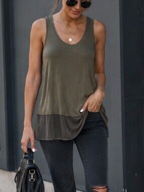 Zara Olive Green Sleeveless Mesh Hem Tunic Tank Top Size Small NWT Layering Top